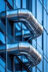 Modern Architectural Design with Reflective Glass and Industrial Metal Pipes on Urban Building Exterior