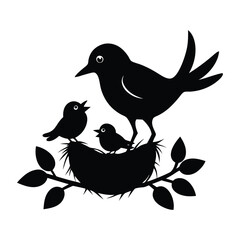 silhouette of a bird feeding its young in a nest.
