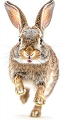 Obraz premium A rabbit running towards the viewer, showcasing its lively expression and fluffy fur.