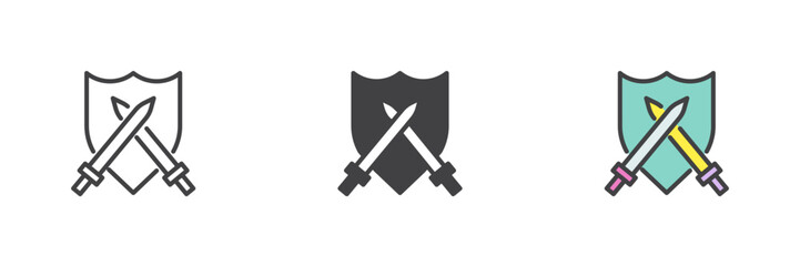 Crossed swords on a shield different style icon set