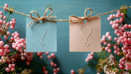 Gender reveal: blue and pink items on a rope, symbolizing boy or girl