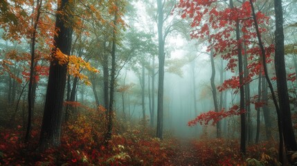 Naklejka premium Deep reds and greens of an autumn forest cloaked in soft fog.