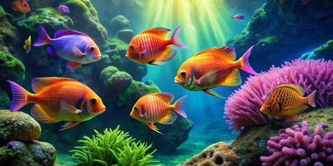 Fototapeta premium Vibrant Reef Scene Featuring a School of Colorful Fish Swimming Amongst Lush Coral and Aquatic Plants