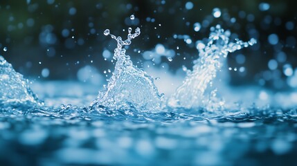 Water splashing and rising creating beautiful water droplets in blue