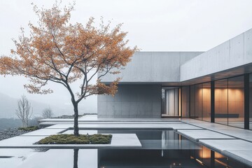 Obraz premium Modern Minimalist Concrete House with Reflective Pool and Autumn Tree in Serene Landscape