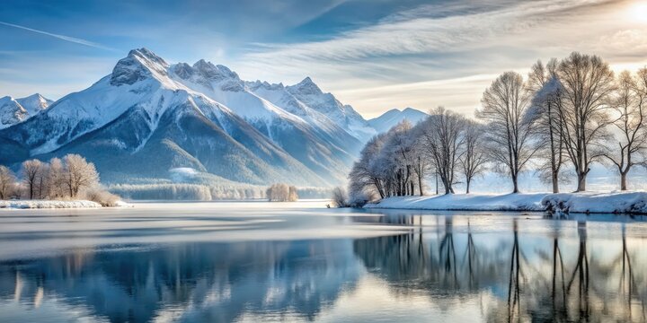 Serene snow-covered mountain range with frozen lake and bare trees in winter landscape, frosty atmosphere, snowy mountains
