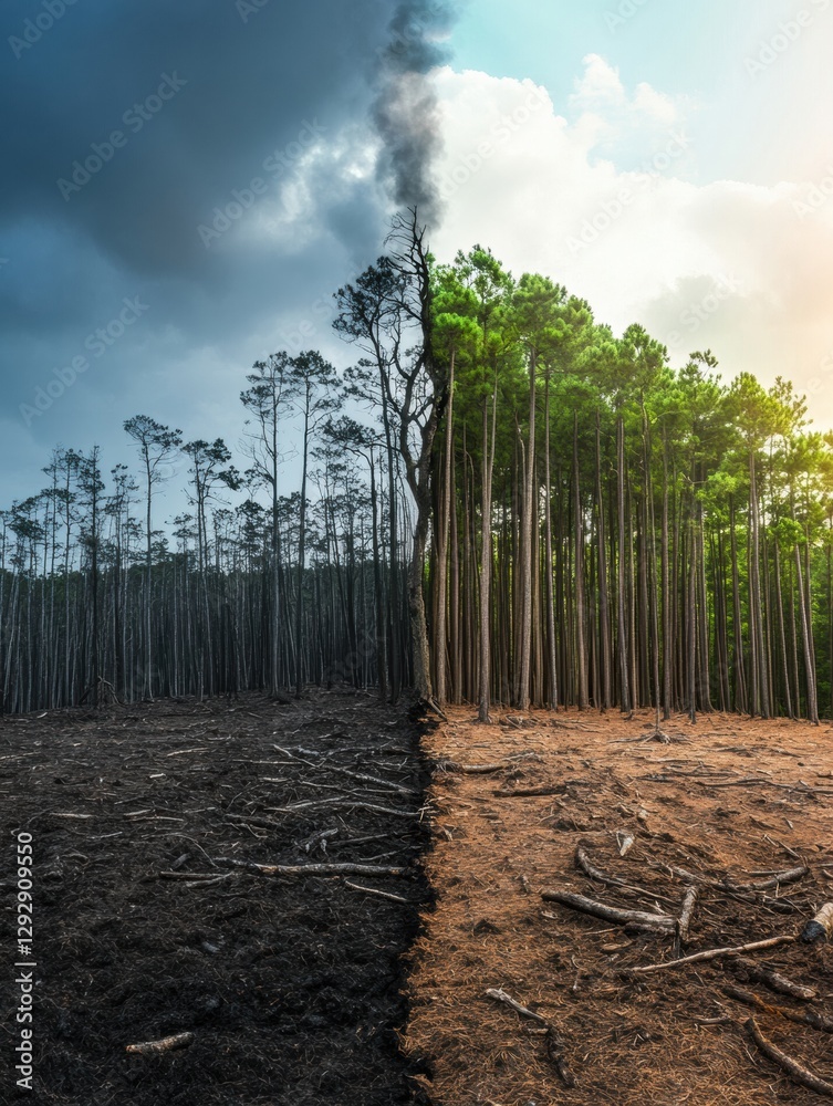 Aufkleber contrast between deforested land and thriving forest showcases urgent need for nature conservation e