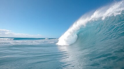 Majestic ocean wave crashing against blue sky, showcasing nature's power and beauty. Perfect for marine themes.