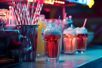 Retro Soda Fountain Drinks with Neon Lights and Striped Straws Scene