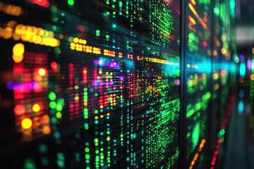 Vibrant Digital Data Stream on LED Display Panel in a Modern Server Room with Multicolored Lights and High-Tech Ambiance