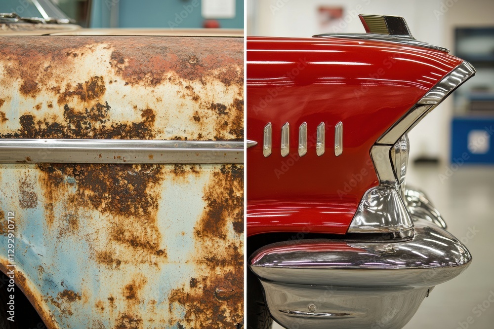 Poster Classic car transformation showcasing rustiness on the left and stunning restoration on the right within a garage environment. Generative AI