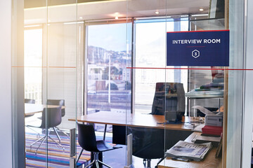 Interview room, empty or furniture with window for recruitment or hire sector at office. Chair,...