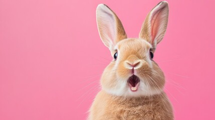 Fototapeta premium Cute fluffy rabbit with surprised expression on pink background showcasing vibrant colors and playful nature