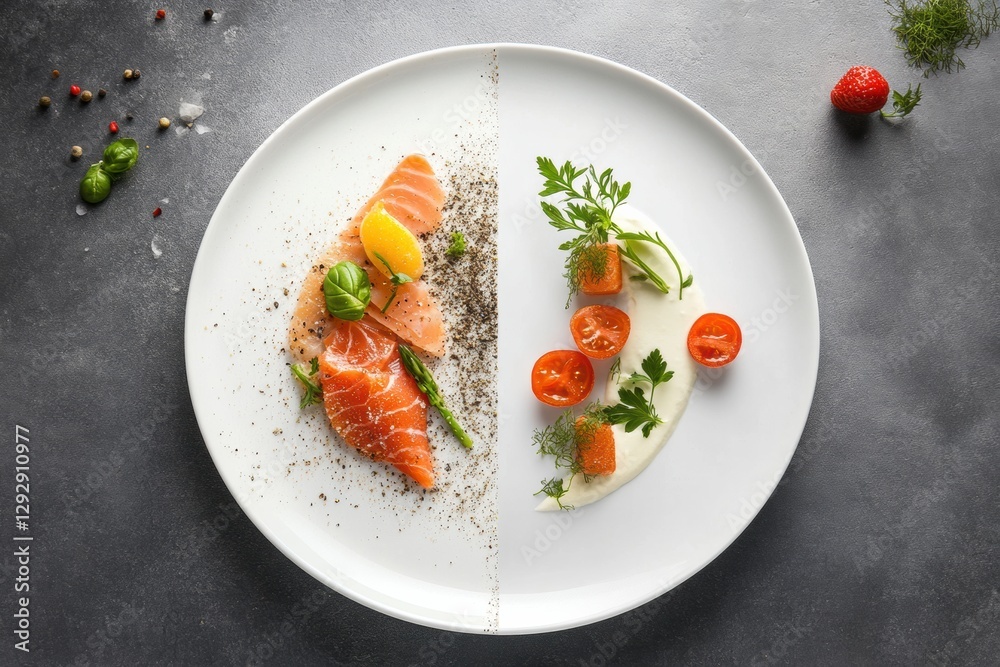Poster salmon dish served with vegetables and sauce in a split presentation on a white plate. generative ai