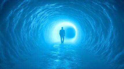 A solitary figure walks towards a bright light at the end of an underwater tunnel a journey of hope and uncertainty