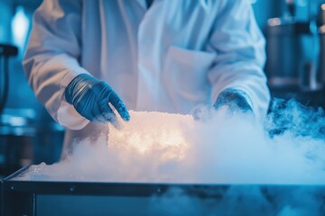 Researcher in a lab coat and gloves manipulating dry ice in a lab creating a white mist from sublimation