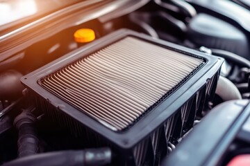 Replacing the car s air filter focusing on the new clean filter in the engine compartment Vehicle maintenance idea