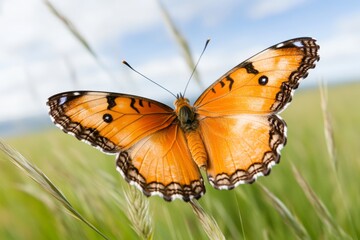 Fototapeta premium A vivid orange julia butterfly flying over a lush green field under a clear blue sky