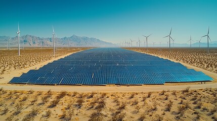 Aerial View of a Vast Solar Panel Farm and Wind Turbines in a Desert Landscape