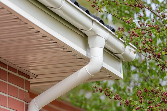 Roof mounted box or square gutter also known as a rain gutter or eavestrough in pristine condition connecting to a PVC downpipe for drainage