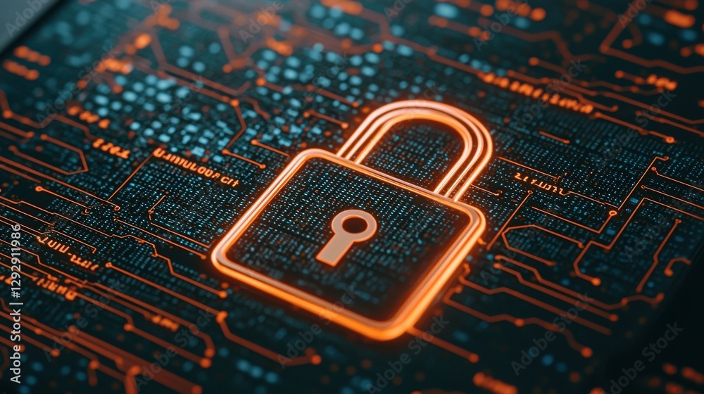 Poster digital security concept with cyber lock icon on circuit board background for technology and data pr