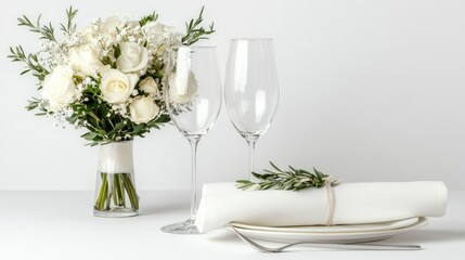 Wedding bouquet, champagne flutes, place setting.  Elegant table setting for romantic celebration