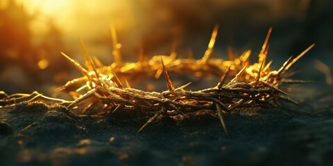 Crown of Thorns: A dramatic image of a crown of thorns, bathed in golden light, symbolizing sacrifice and devotion, with intricate details and a powerful, spiritual atmosphere.