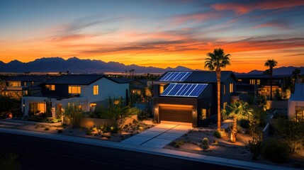 Obraz premium Sunset over Modern Solar Home in Desert Landscape
