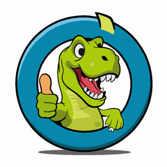 ai17404628441Cartoon dinosaur mascot logo featuring a cheerful green T-Rex giving a thumbs up inside a circular blue frame. Ideal for kids' brands, games, fun merchandise, or educational platfo3_5.eps
