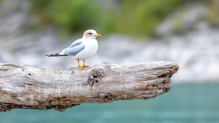 Obraz premium Seagull perched on driftwood with blurred backdrop, serene nature setting.