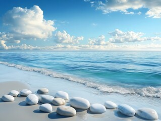 Serene Seascape with Smooth White Stones on Sandy Beach under Blue Sky and Fluffy Clouds