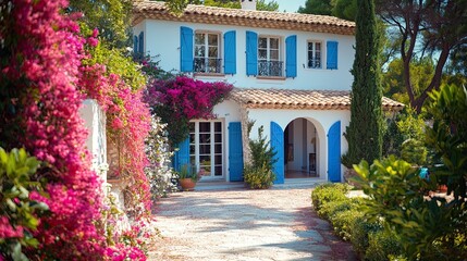 Fototapeta premium A traditional Mediterranean villa with white walls, blue shutters, and a vibrant bougainvillea garden