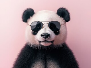 Fototapeta premium A cute panda bear wearing aviator sunglasses against a pink background.