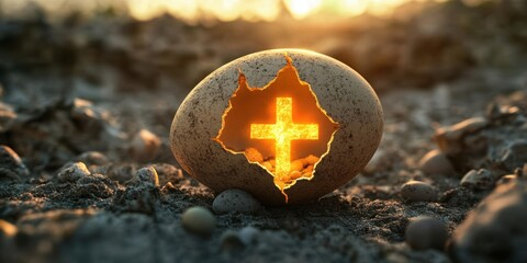 Illuminated Faith: A weathered stone, cracked open to reveal a radiant golden cross bathed in divine light, symbolizes hope and spirituality, set against a backdrop of an earthly landscape.