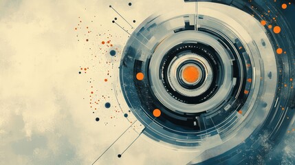 Abstract circular design with concentric rings, geometric shapes, and scattered dots.