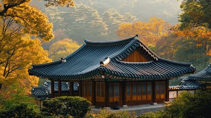 A traditional Korean hanok house with a tiled roof, wooden details, and a serene courtyard garden.