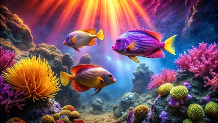 Obraz premium Vibrant Reef Scene Featuring Three Colorful Fish Swimming Amidst Lush Coral and Ocean Flora