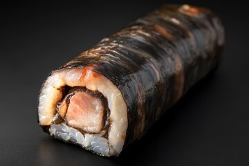 Smoked eel sushi roll displayed on a black background