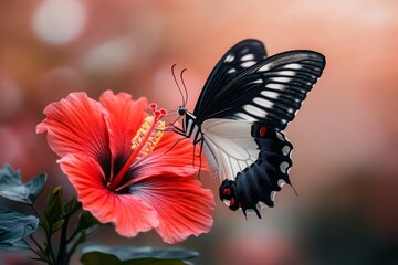 A black and white butterfly perched on a vibrant red hibiscus flower in a sunny garden