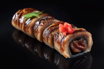 Fototapeta premium Smoked eel sushi roll set against a black backdrop