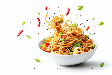 Delicious asian noodle dish with vegetables in a white bowl against a white background creating a mouthwatering culinary presentation