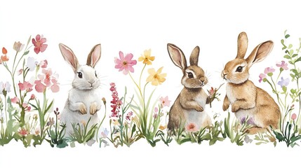 Easter bunnies and springtime themes. Cute watercolor Easter bunny and spring theme Three bunnies surrounded by colorful flowers.