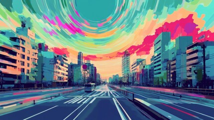 Vibrant urban road with abstract sound waves and colorful skyline during sunset. Generative AI