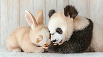 Fototapeta premium Baby Panda and Rabbit Sharing Snack - Cute Animals