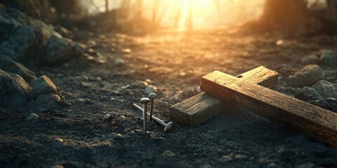 Fototapeta premium The Weight of Faith: A weathered wooden cross lies on the ground, its sharp nails casting long shadows in the soft light of dawn. A testament to sacrifice and redemption.