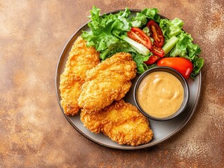 Homemade crunchy fried chicken fillets with tangy dipping sauce, plated with fresh veggies, arranged against a warm earthy brown background
