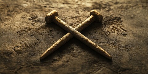 Ancient Craftsmanship: Two weathered nails, crossed in a symbolic embrace, lie on a rough, textured surface, bathed in warm, dramatic light. 