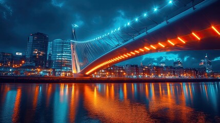 A stunning night view of a modern suspension bridge, with glowing lights reflecting on the river below. 