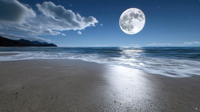 Serene night beach scene with full moon reflecting on calm ocean waves under a starry sky.