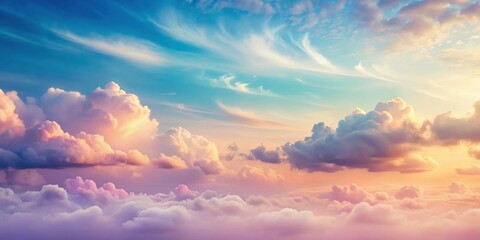 Fototapeta premium Ethereal landscape with wispy clouds amidst a soft pastel color gradient
